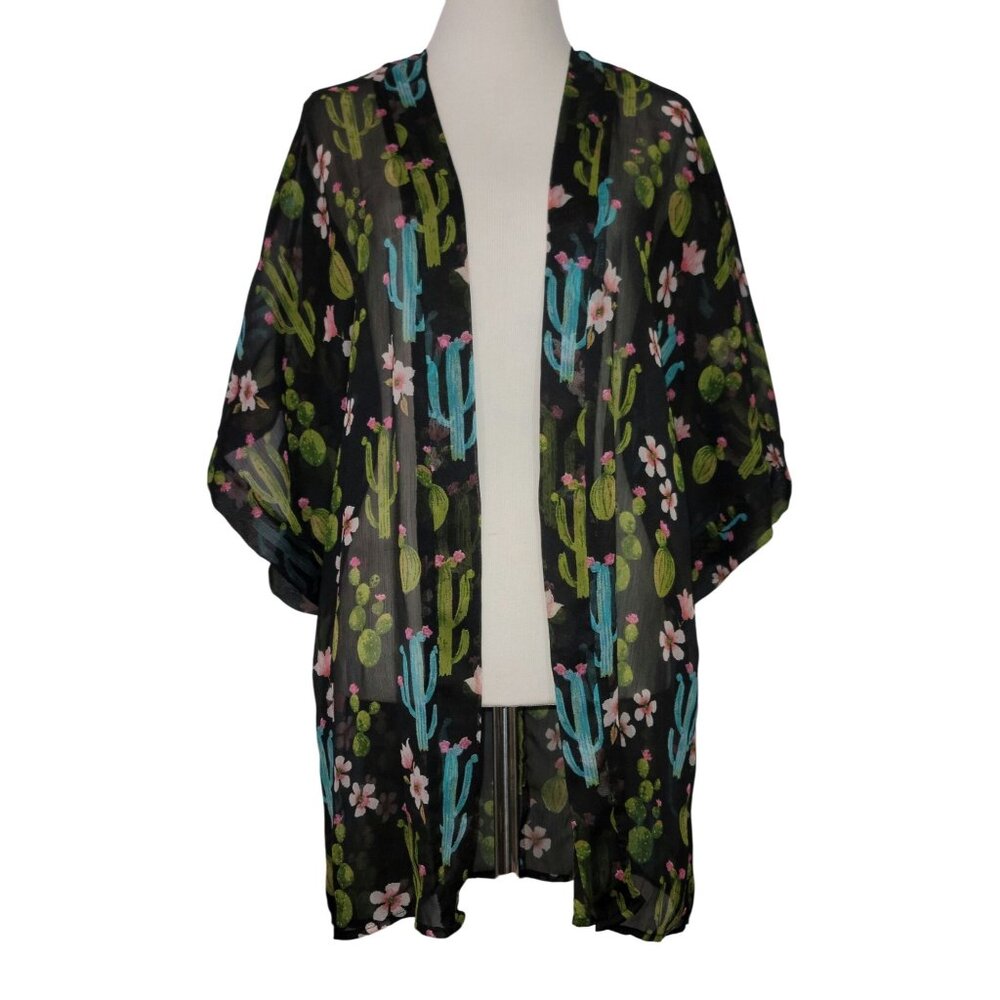 Cactus Print Sheer Kimono Bathing Suit Cover-Up For Women Polyester One Size